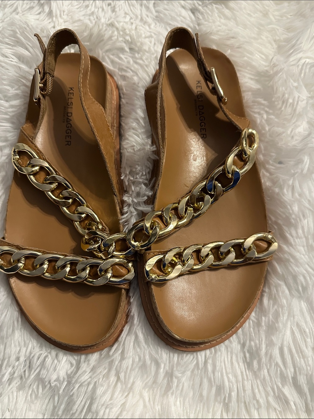 Kelsi Dagger Tan Leather Chain-Accent Slingback Sandals